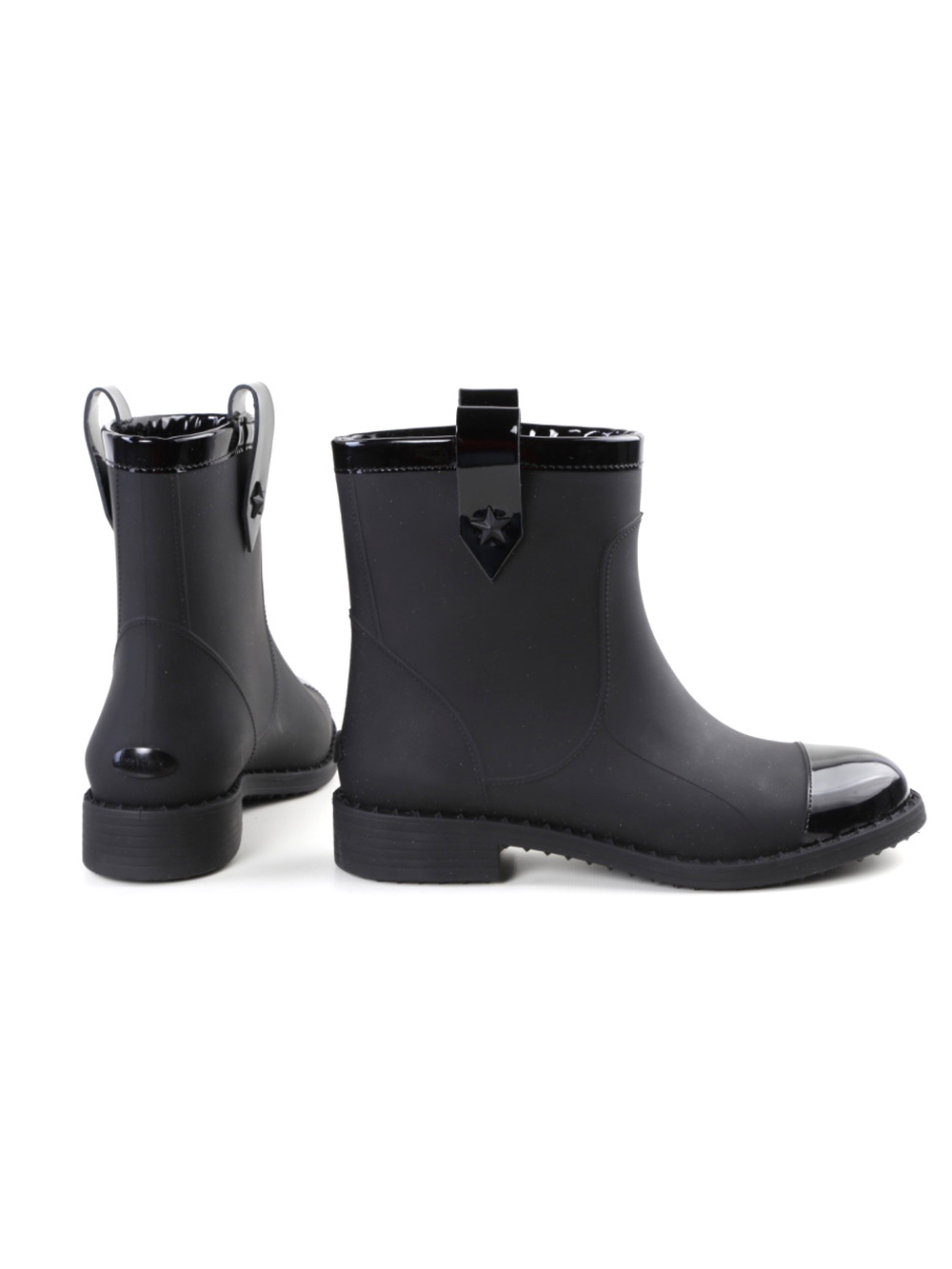Jimmy Choo Edie Flat Boots Black Matte Rubber Patent Leather Cap Toe Star 38
